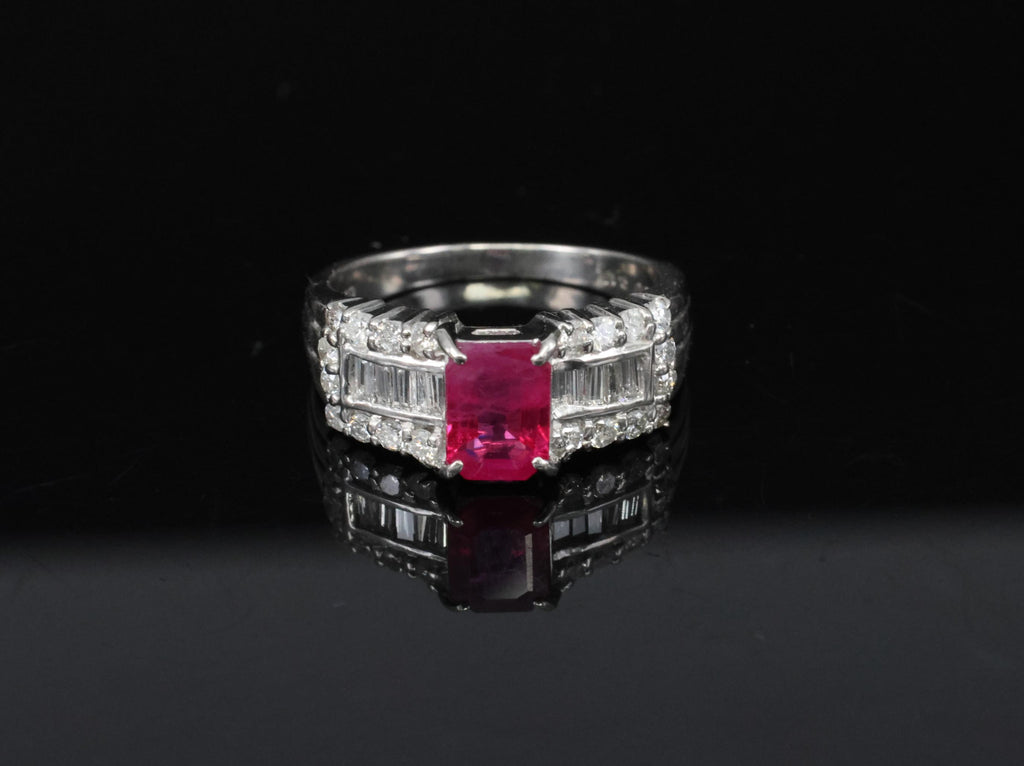 Rare 1.15ct GIA Emerald Cut Burma Ruby 0.56ct Diamond Platinum Ring Size 6.5