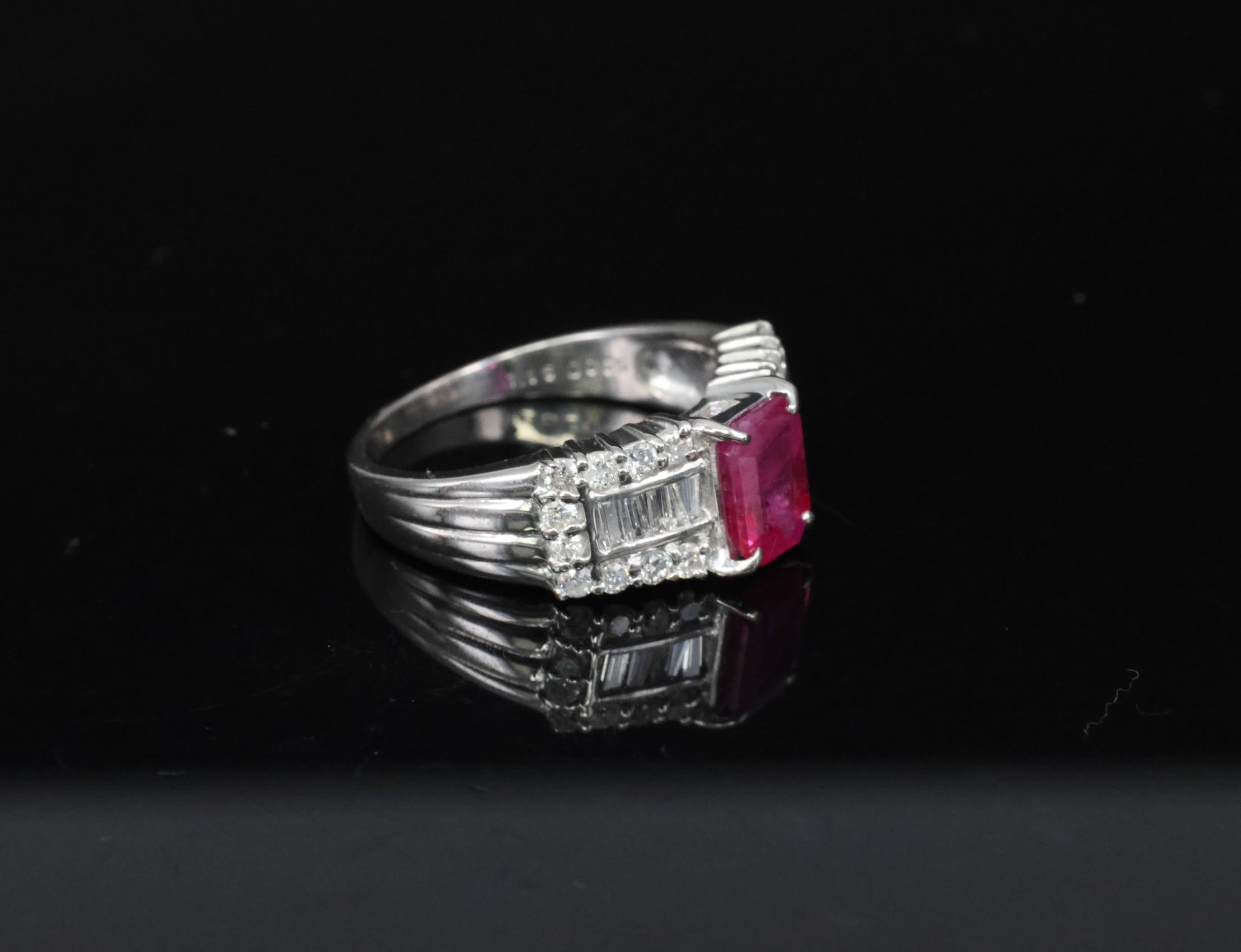 Rare 1.15ct GIA Emerald Cut Burma Ruby 0.56ct Diamond Platinum Ring Size 6.5