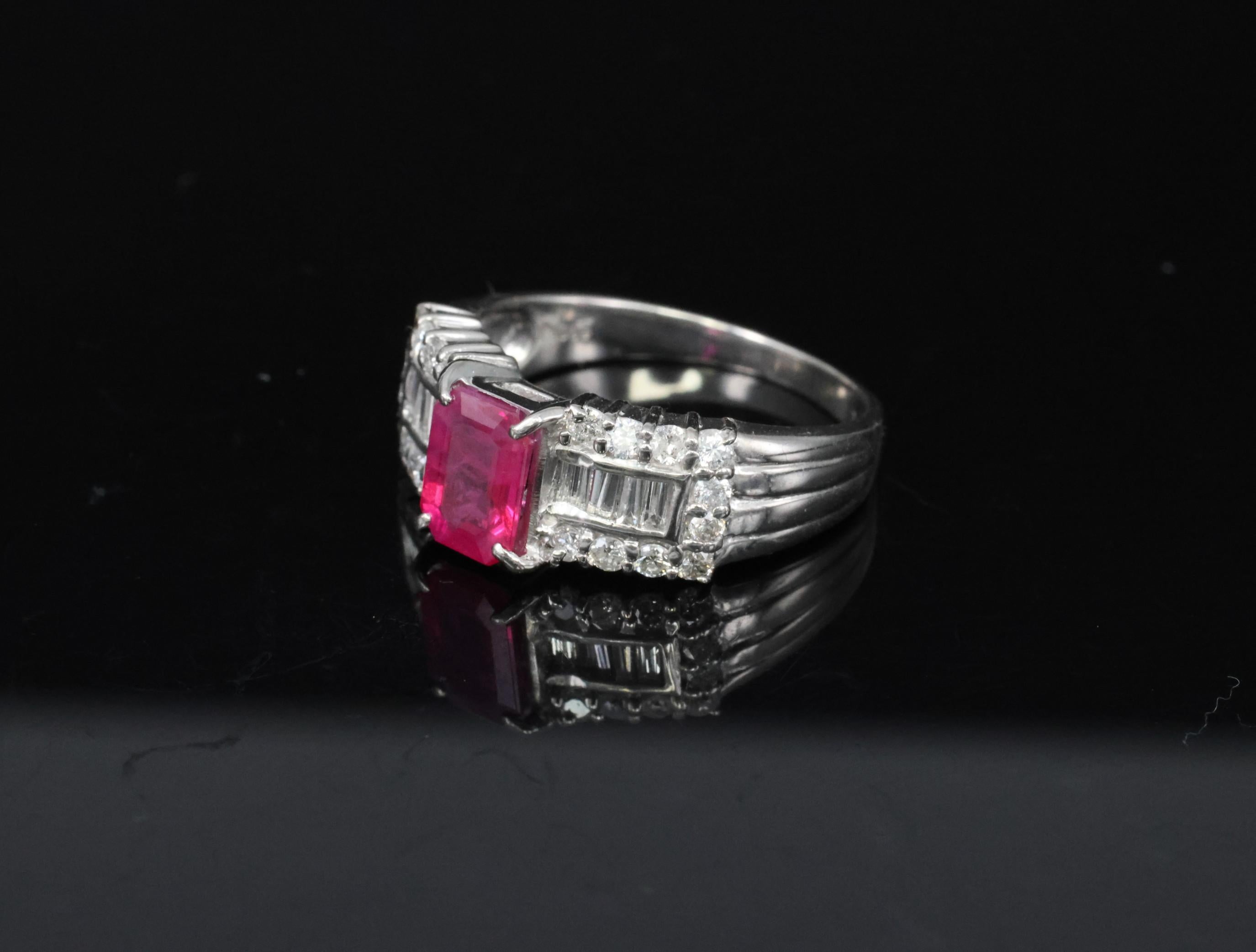 Rare 1.15ct GIA Emerald Cut Burma Ruby 0.56ct Diamond Platinum Ring Size 6.5