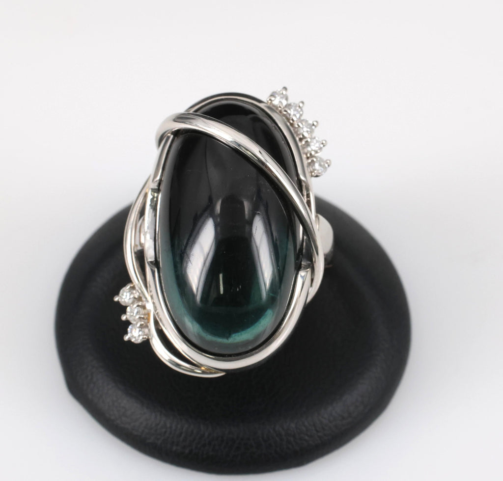 38.45ct Bi-Color Indicolite Tourmaline 0.28ct Diamond Platinum Ring Size 6.5