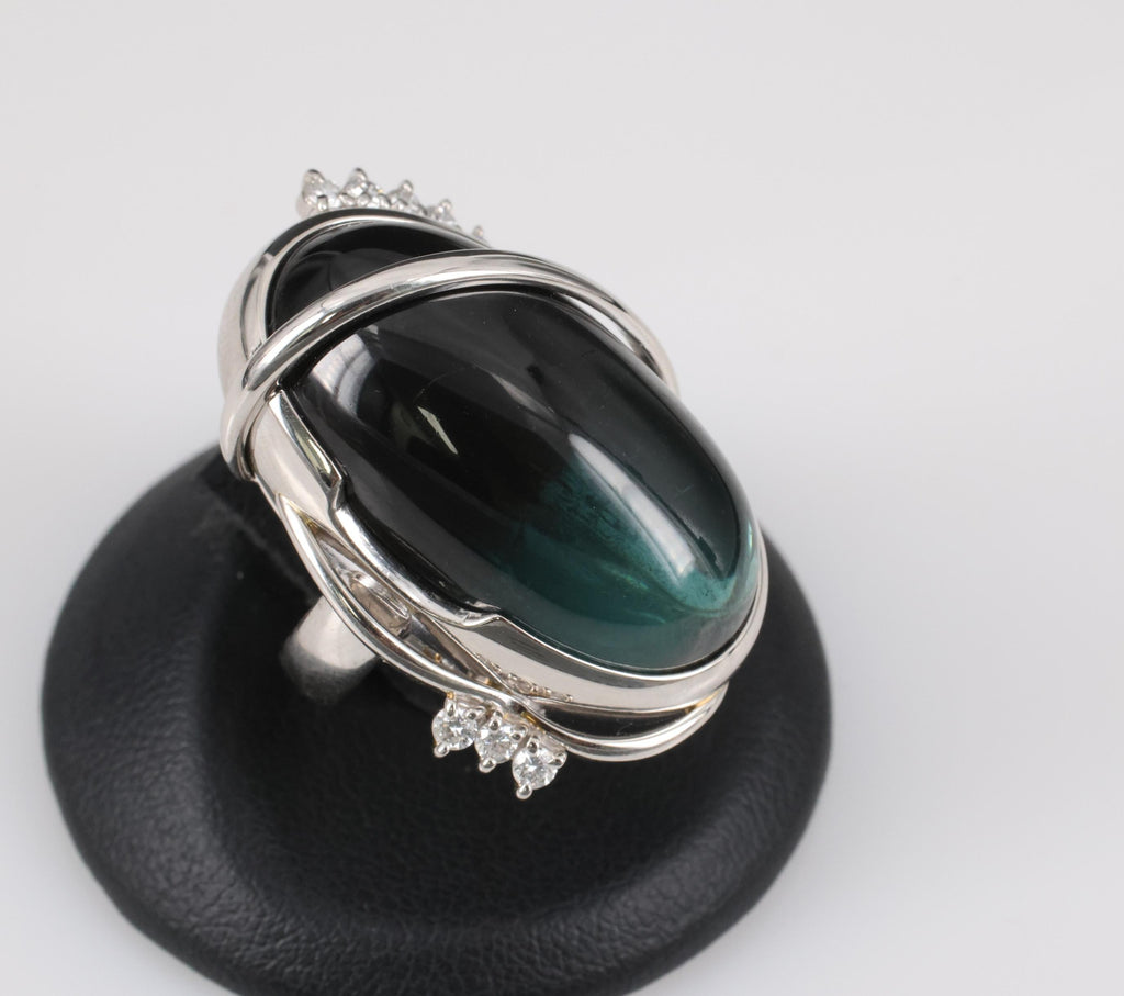 38.45ct Bi-Color Indicolite Tourmaline 0.28ct Diamond Platinum Ring Size 6.5