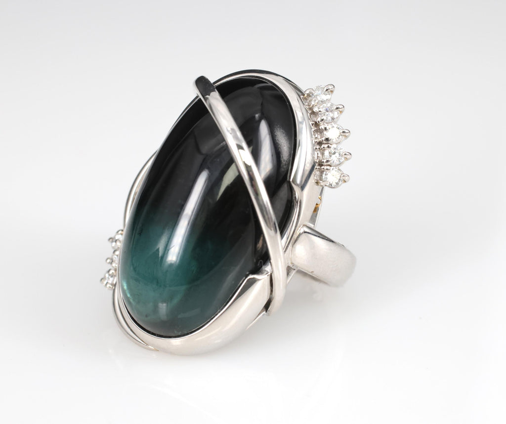 38.45ct Bi-Color Indicolite Tourmaline 0.28ct Diamond Platinum Ring Size 6.5