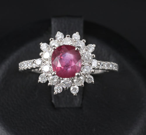 1.55ct GIA Mozambique NO HEAT Ruby 0.75ct Diamond Halo Platinum Ring, Size 6.75