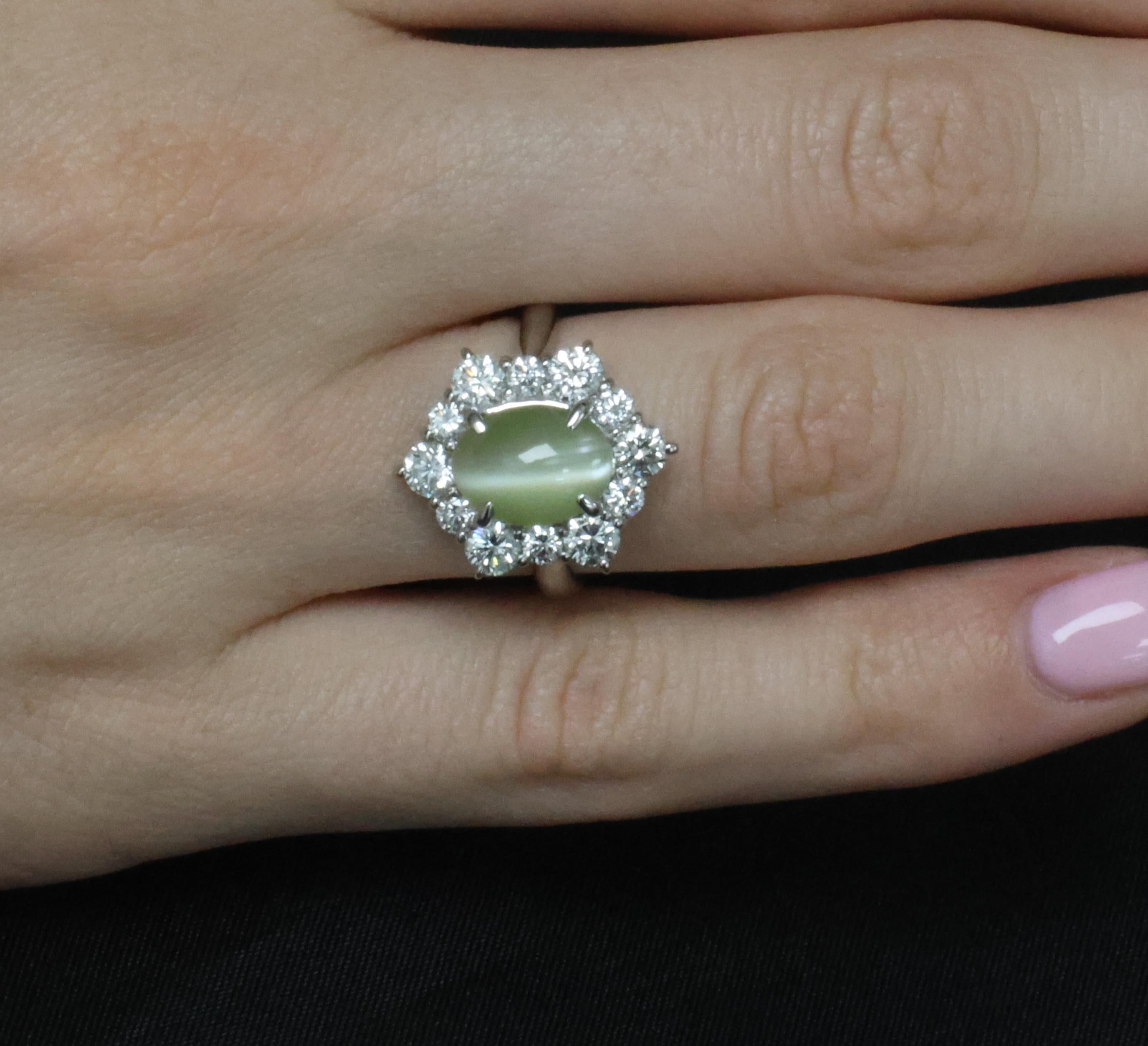 3.66ct Natural Chrysoberyl Cat's Eye & 1.45ct Diamond Halo Platinum Ring Size 6