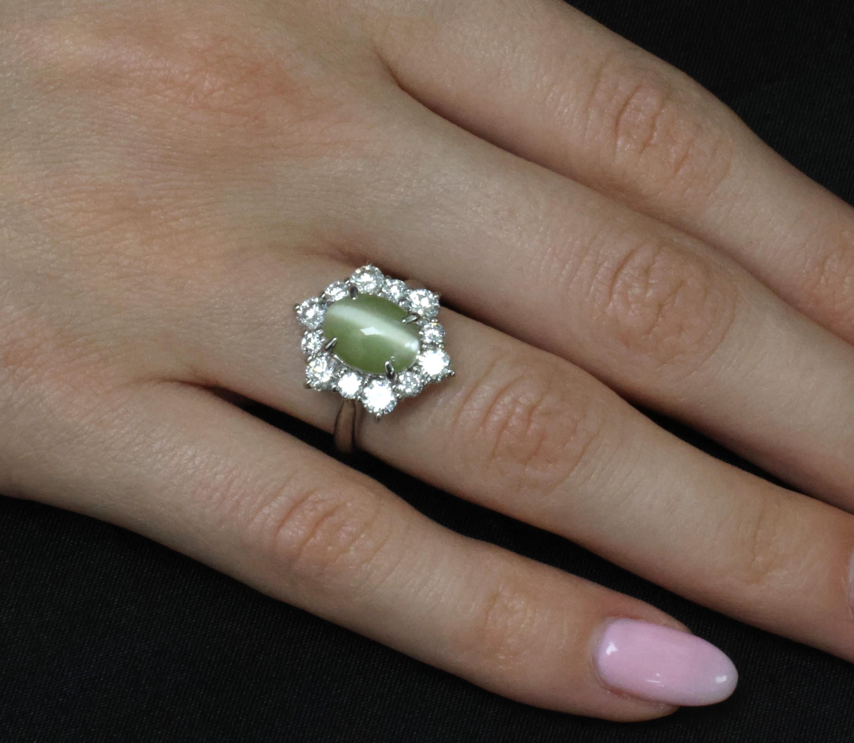 3.66ct Natural Chrysoberyl Cat's Eye & 1.45ct Diamond Halo Platinum Ring Size 6