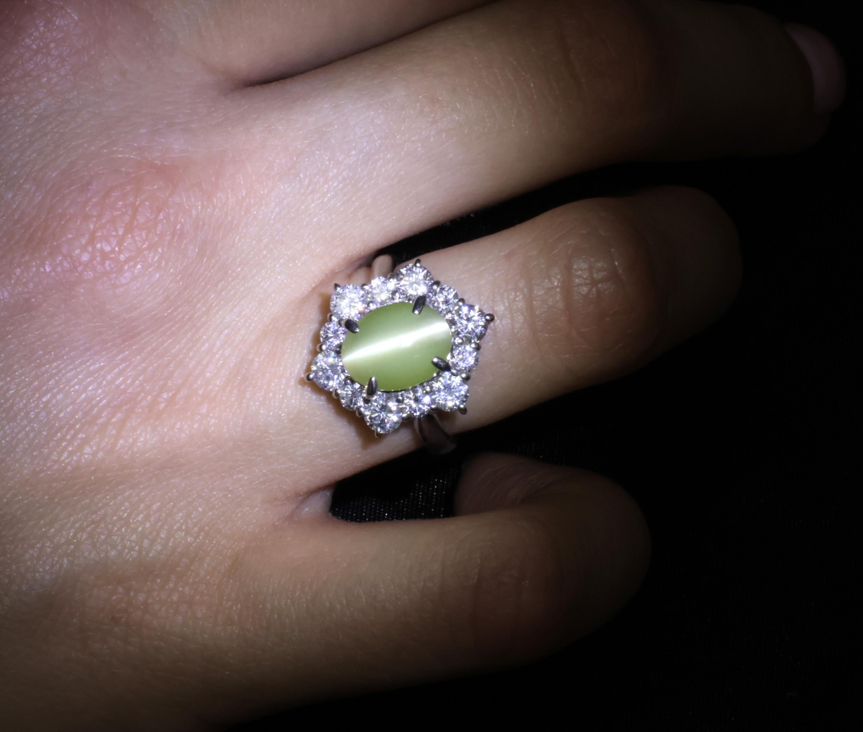 3.66ct Natural Chrysoberyl Cat's Eye & 1.45ct Diamond Halo Platinum Ring Size 6