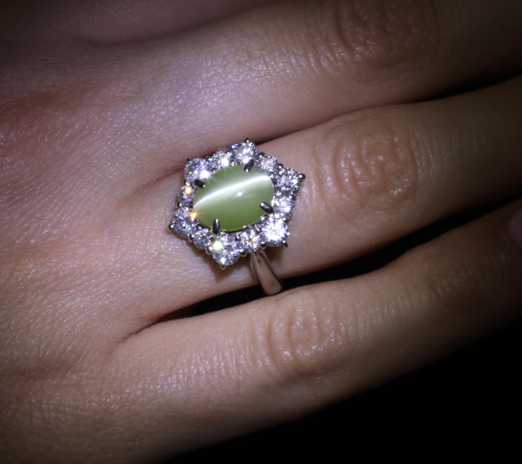 3.66ct Natural Chrysoberyl Cat's Eye & 1.45ct Diamond Halo Platinum Ring Size 6