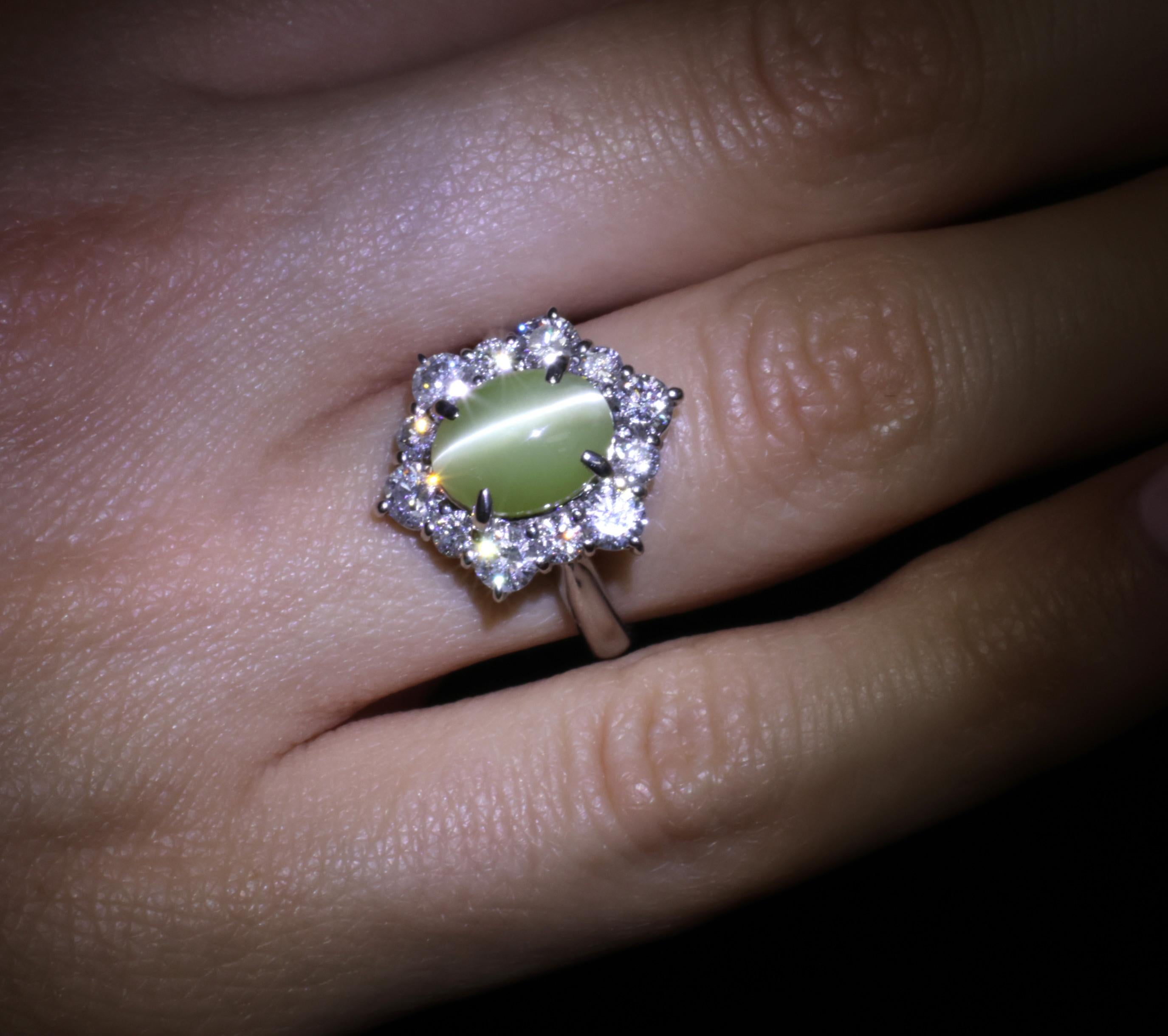 3.66ct Natural Chrysoberyl Cat's Eye & 1.45ct Diamond Halo Platinum Ring Size 6