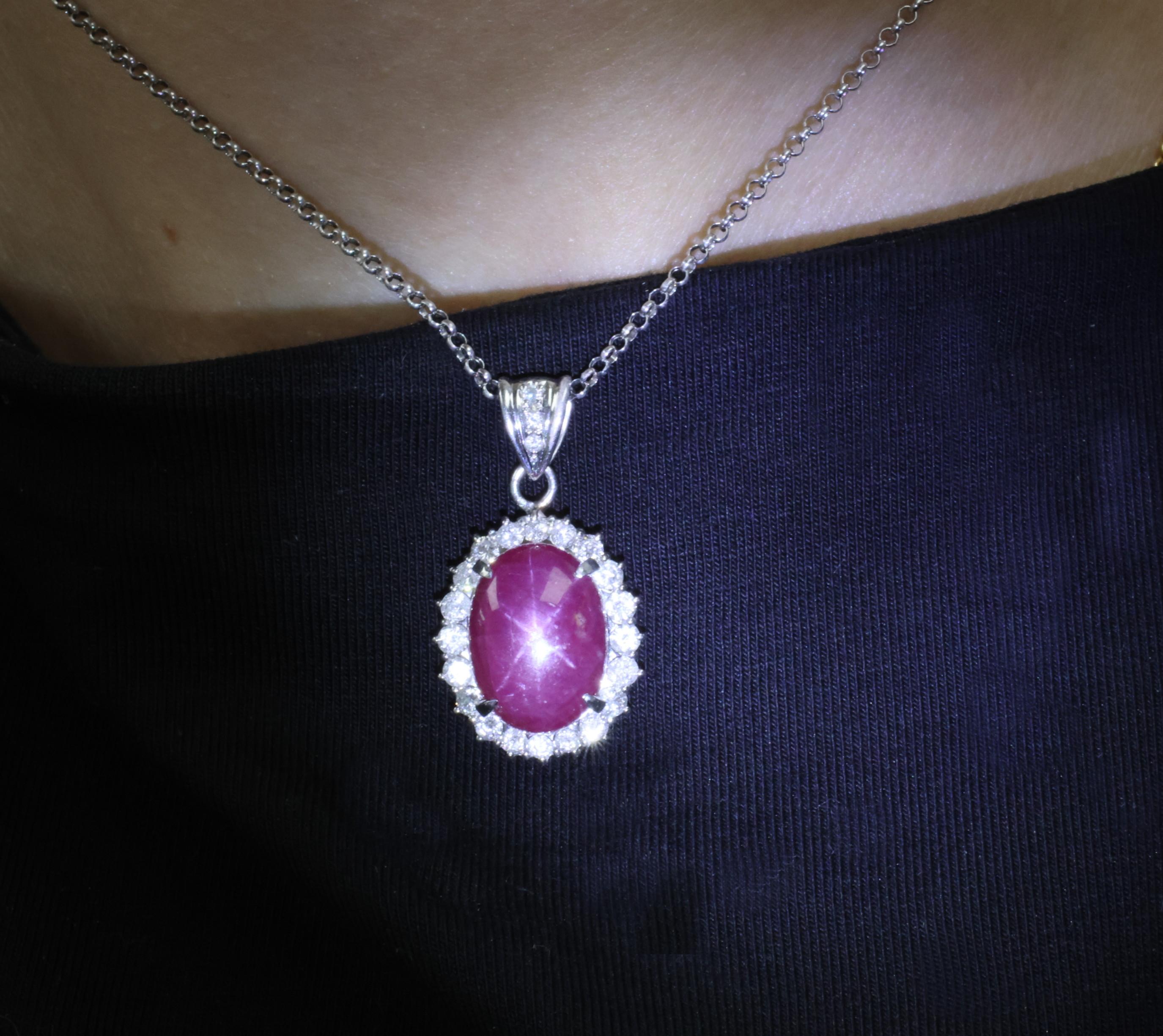 RARE 11.52ct Natural Untreated Star Ruby & 1.25ct Diamond Halo Platinum Necklace