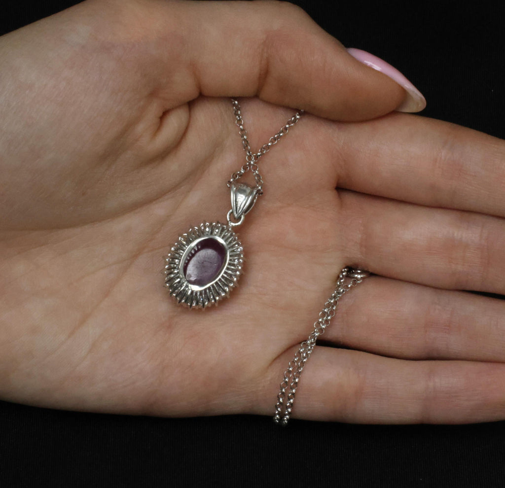 RARE 11.52ct Natural Untreated Star Ruby & 1.25ct Diamond Halo Platinum Necklace
