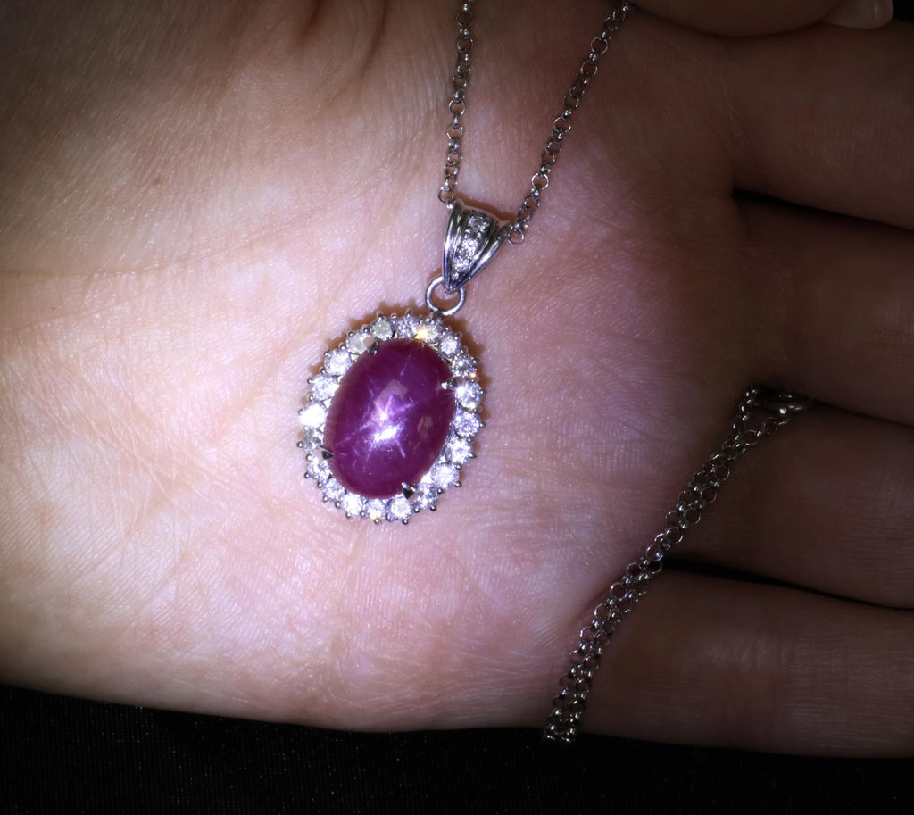RARE 11.52ct Natural Untreated Star Ruby & 1.25ct Diamond Halo Platinum Necklace