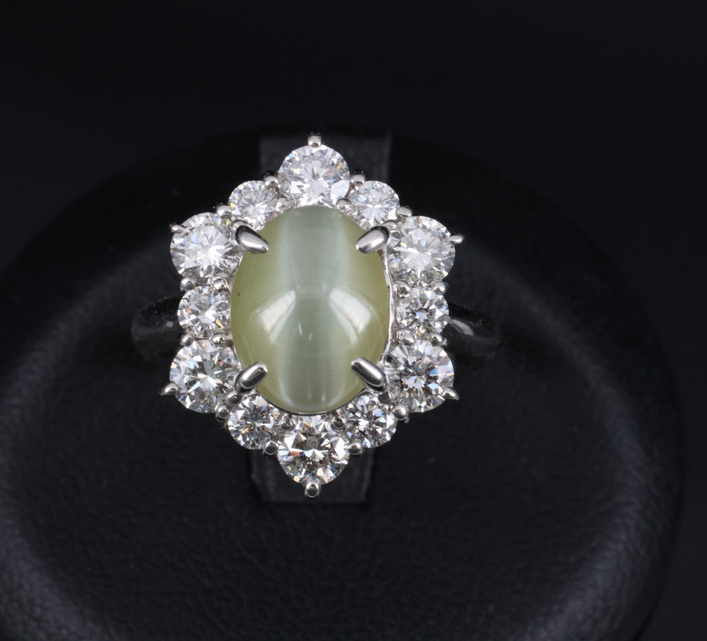3.66ct Natural Chrysoberyl Cat's Eye & 1.45ct Diamond Halo Platinum Ring Size 6