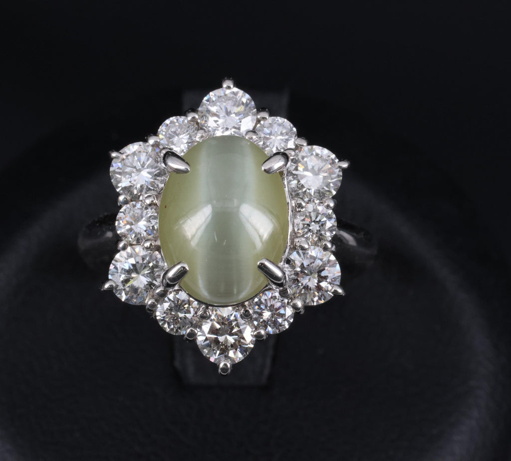 3.66ct Natural Chrysoberyl Cat's Eye & 1.45ct Diamond Halo Platinum Ring Size 6