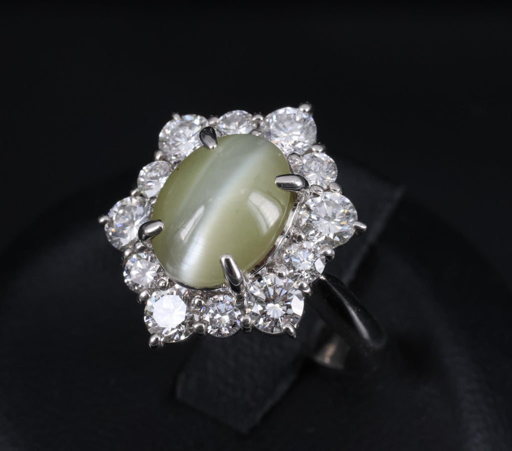 3.66ct Natural Chrysoberyl Cat's Eye & 1.45ct Diamond Halo Platinum Ring Size 6