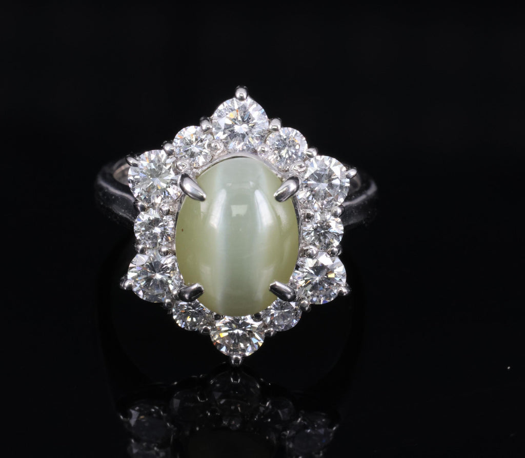 3.66ct Natural Chrysoberyl Cat's Eye & 1.45ct Diamond Halo Platinum Ring Size 6