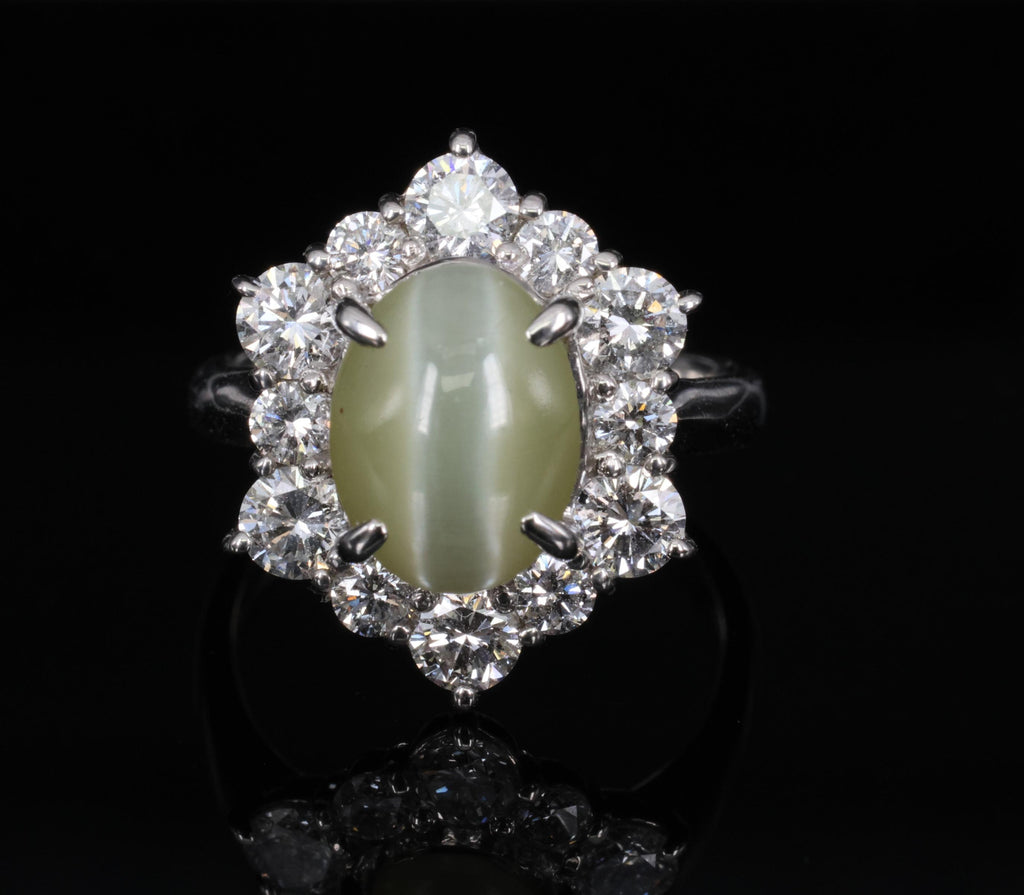3.66ct Natural Chrysoberyl Cat's Eye & 1.45ct Diamond Halo Platinum Ring Size 6