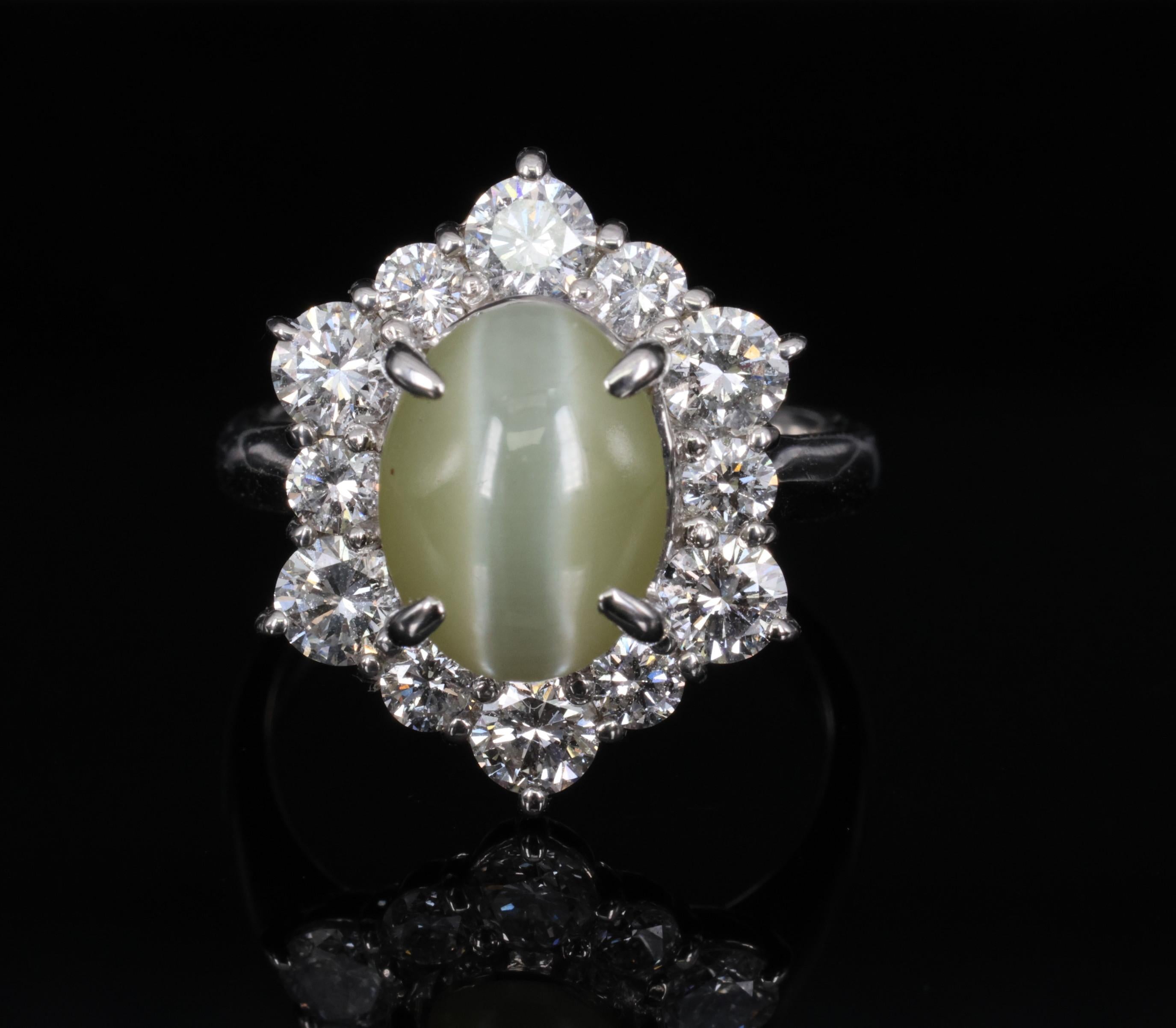 3.66ct Natural Chrysoberyl Cat's Eye & 1.45ct Diamond Halo Platinum Ring Size 6