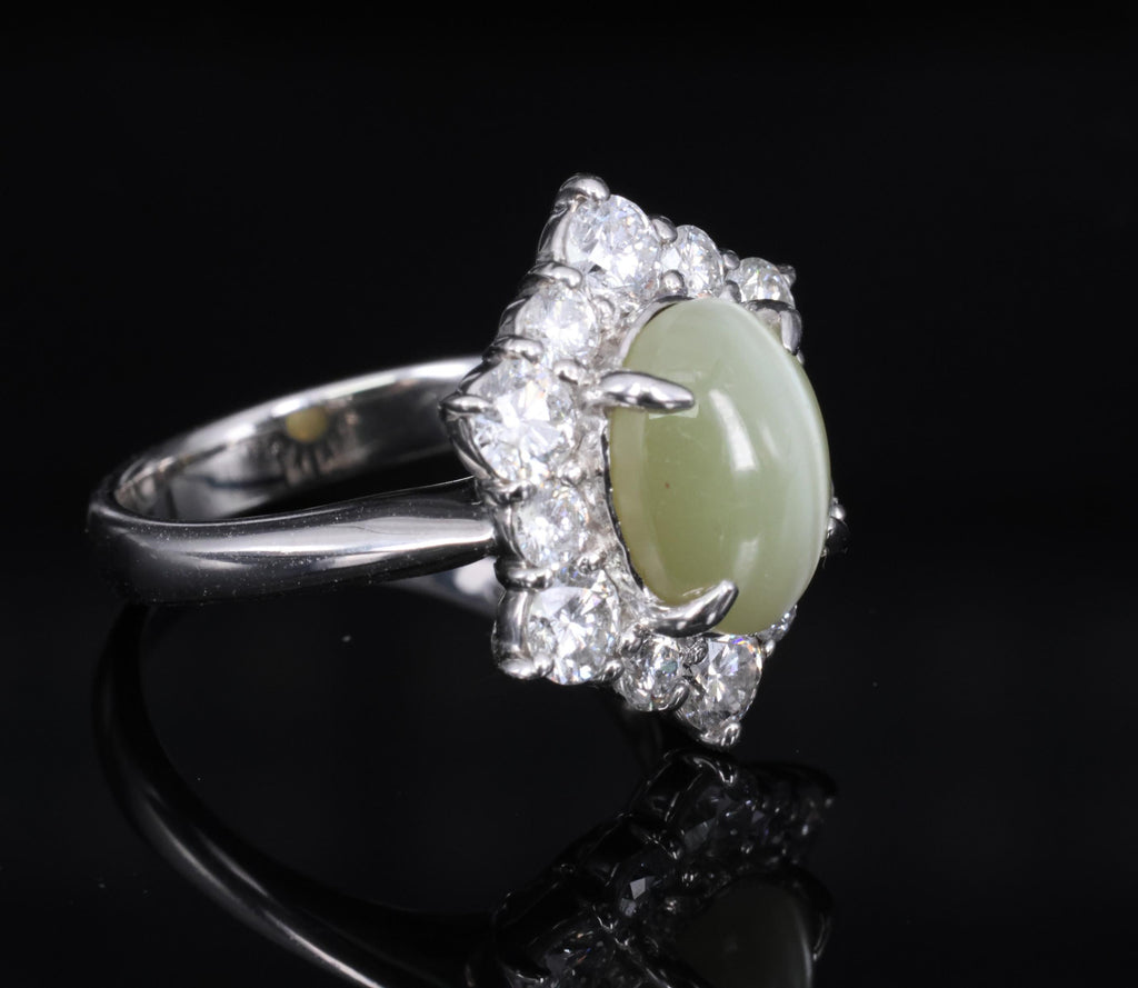 3.66ct Natural Chrysoberyl Cat's Eye & 1.45ct Diamond Halo Platinum Ring Size 6