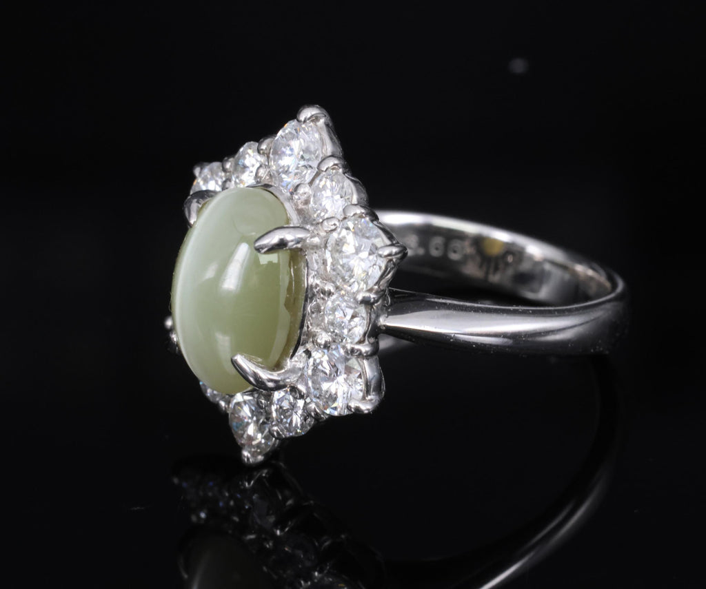 3.66ct Natural Chrysoberyl Cat's Eye & 1.45ct Diamond Halo Platinum Ring Size 6