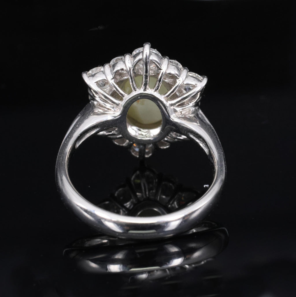 3.66ct Natural Chrysoberyl Cat's Eye & 1.45ct Diamond Halo Platinum Ring Size 6