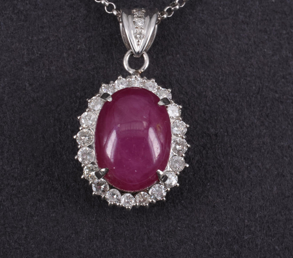 RARE 11.52ct Natural Untreated Star Ruby & 1.25ct Diamond Halo Platinum Necklace
