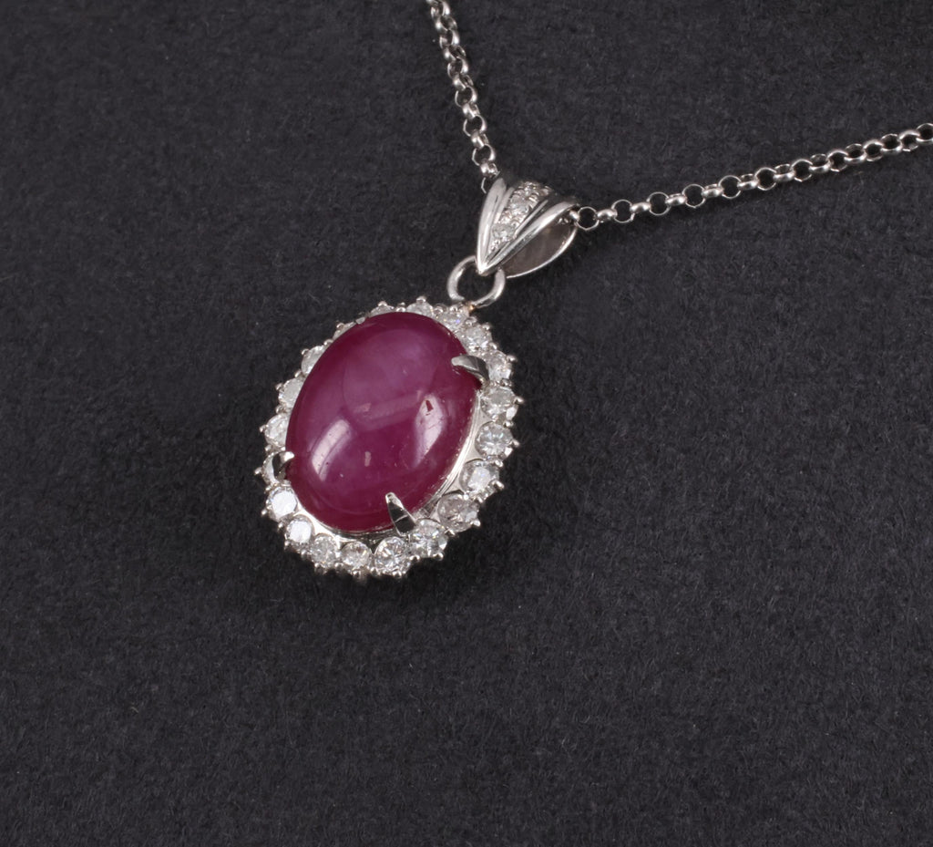 RARE 11.52ct Natural Untreated Star Ruby & 1.25ct Diamond Halo Platinum Necklace