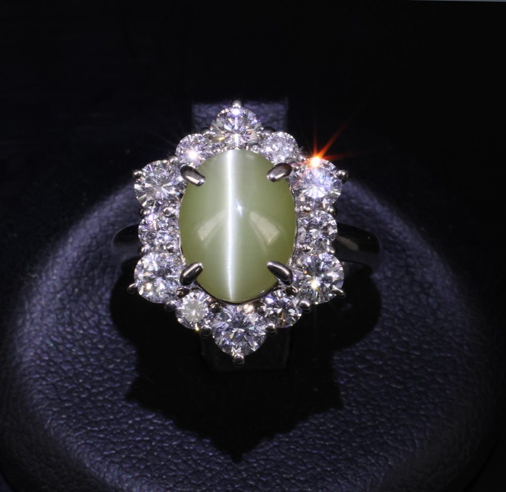 3.66ct Natural Chrysoberyl Cat's Eye & 1.45ct Diamond Halo Platinum Ring Size 6