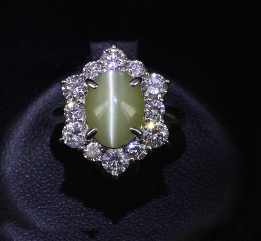 3.66ct Natural Chrysoberyl Cat's Eye & 1.45ct Diamond Halo Platinum Ring Size 6