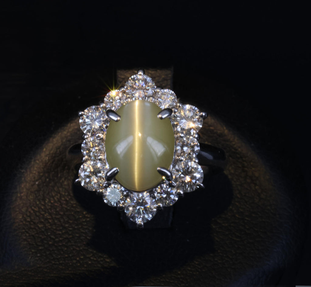 3.66ct Natural Chrysoberyl Cat's Eye & 1.45ct Diamond Halo Platinum Ring Size 6