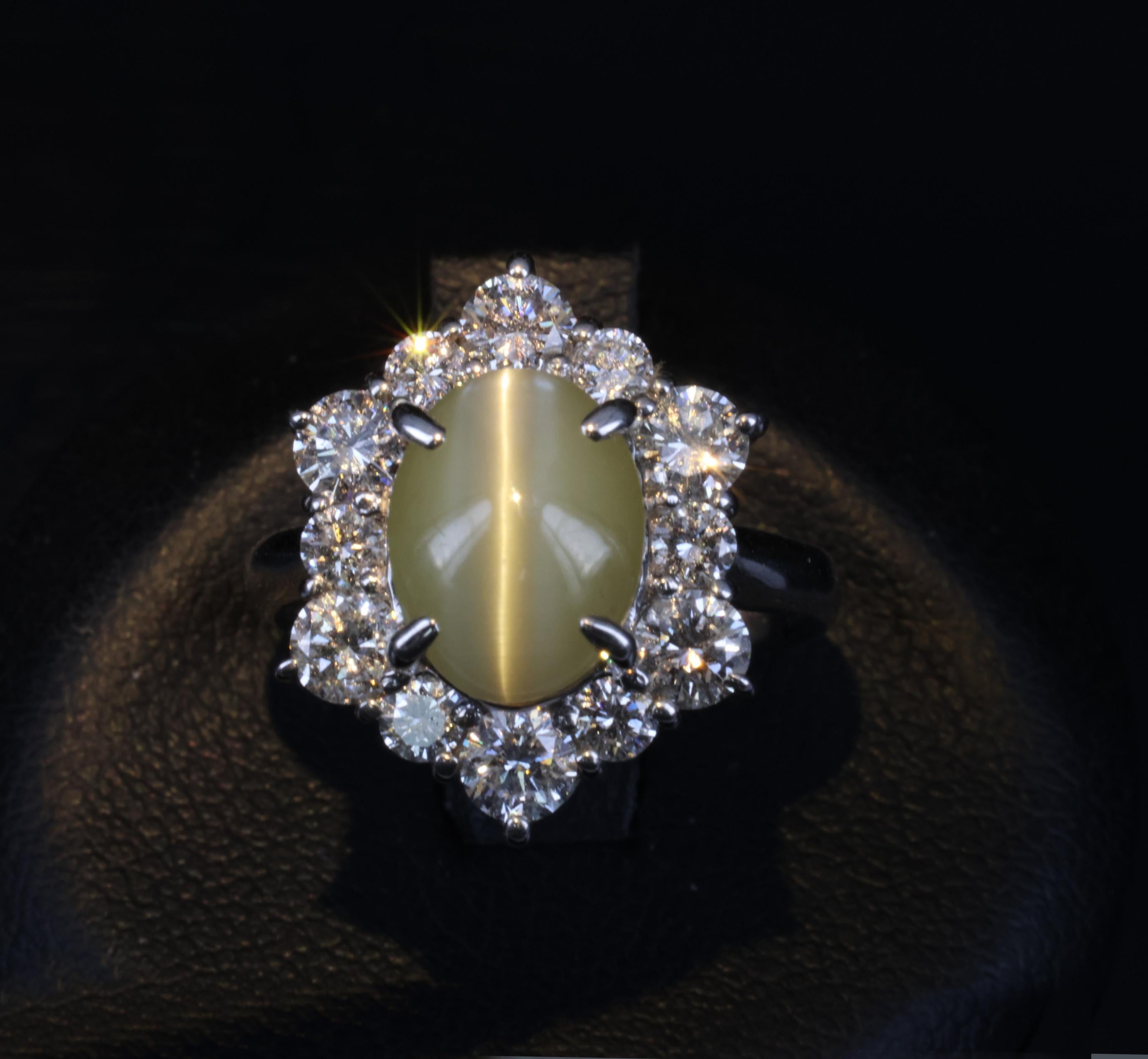 3.66ct Natural Chrysoberyl Cat's Eye & 1.45ct Diamond Halo Platinum Ring Size 6