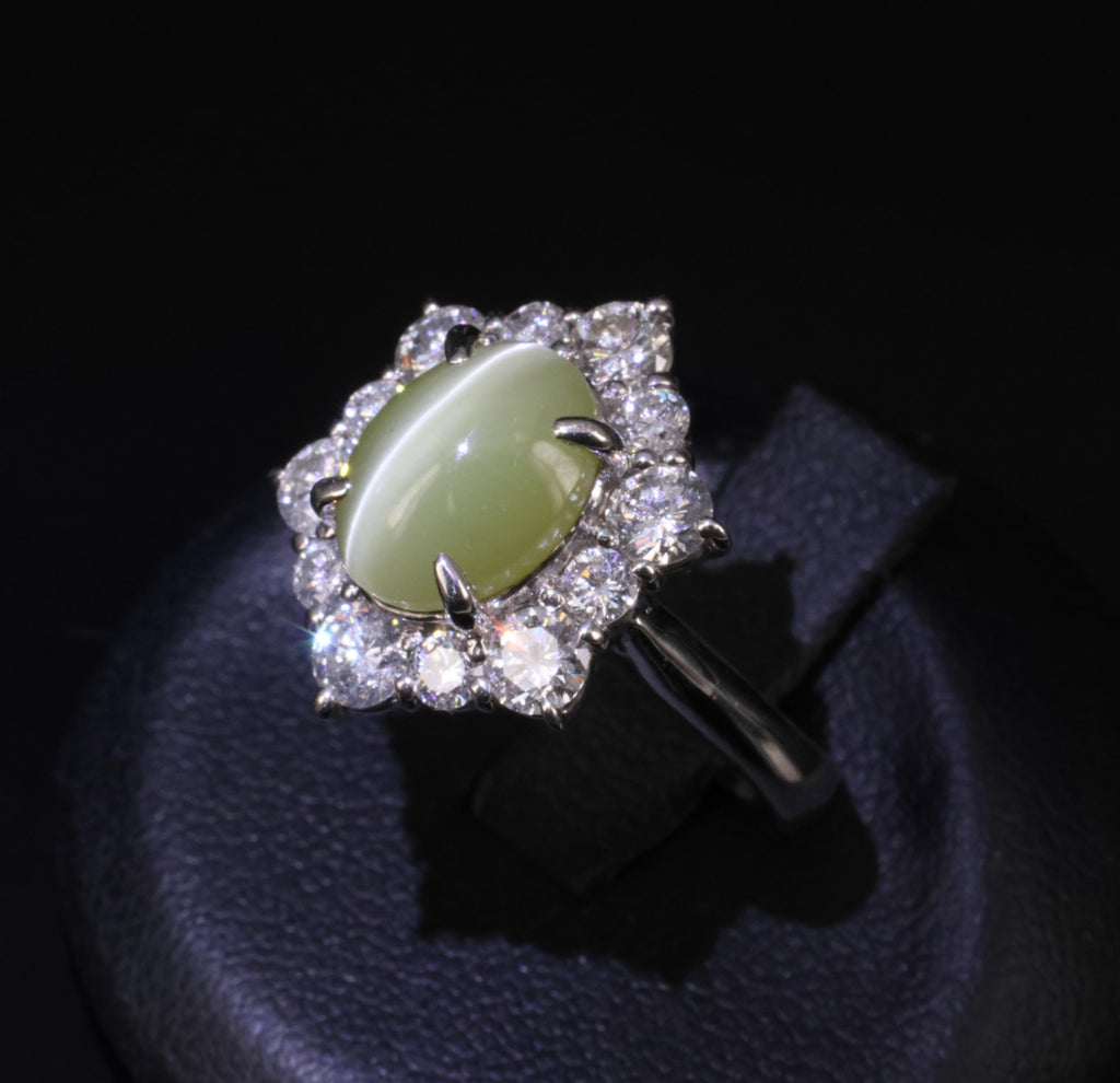 3.66ct Natural Chrysoberyl Cat's Eye & 1.45ct Diamond Halo Platinum Ring Size 6