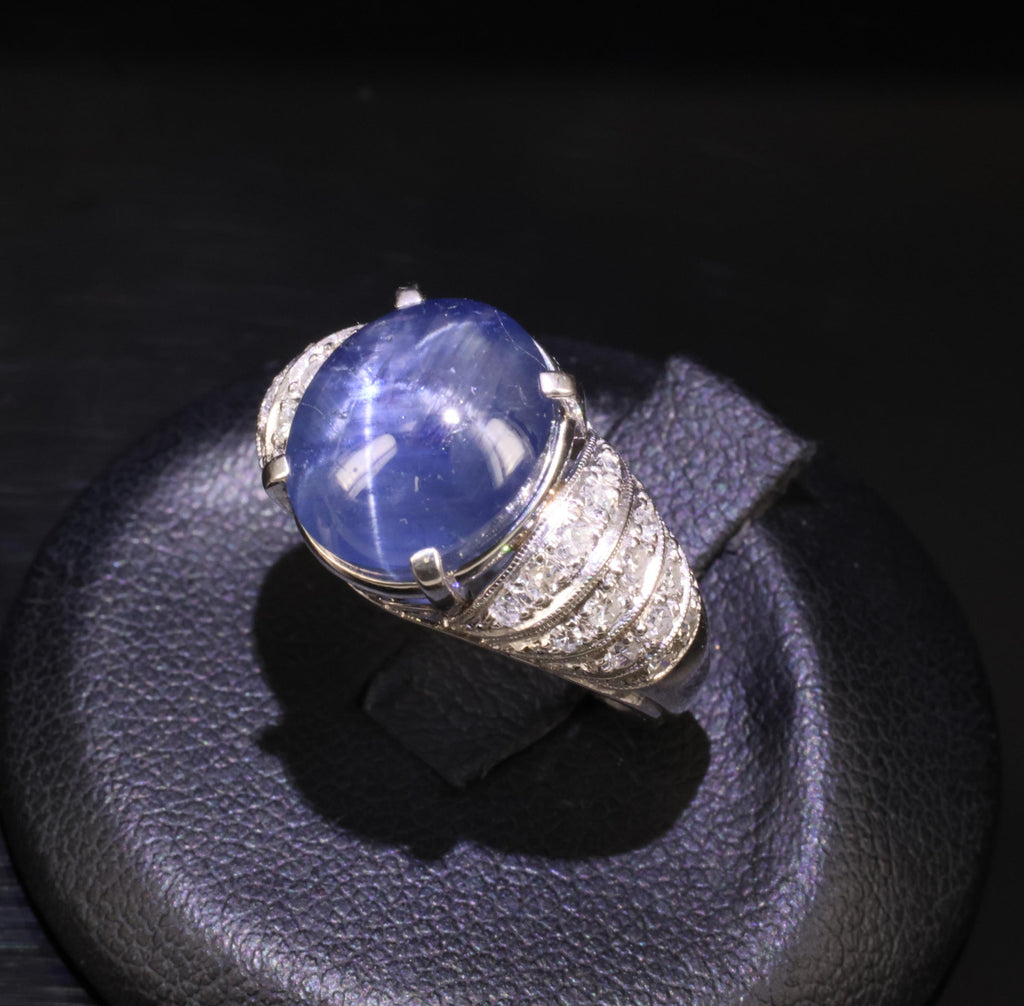 11.32ct Natural Untreated Star Sapphire & 0.56ct Diamond Platinum Ring, Size 5
