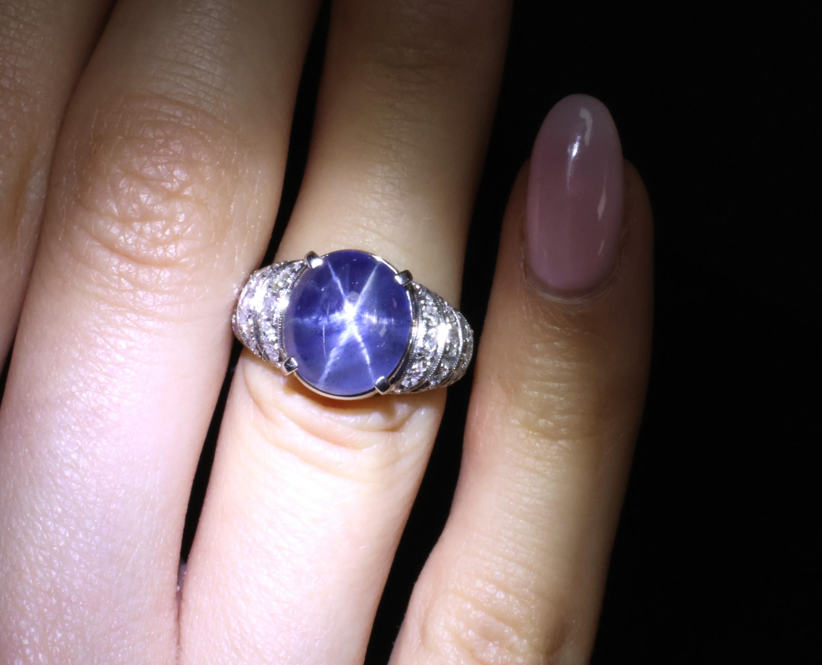 11.32ct Natural Untreated Star Sapphire & 0.56ct Diamond Platinum Ring, Size 5