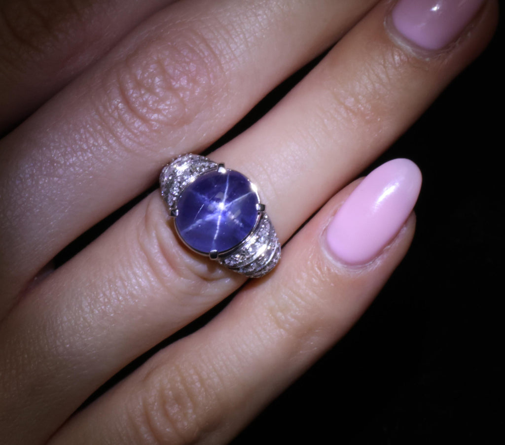 11.32ct Natural Untreated Star Sapphire & 0.56ct Diamond Platinum Ring, Size 5