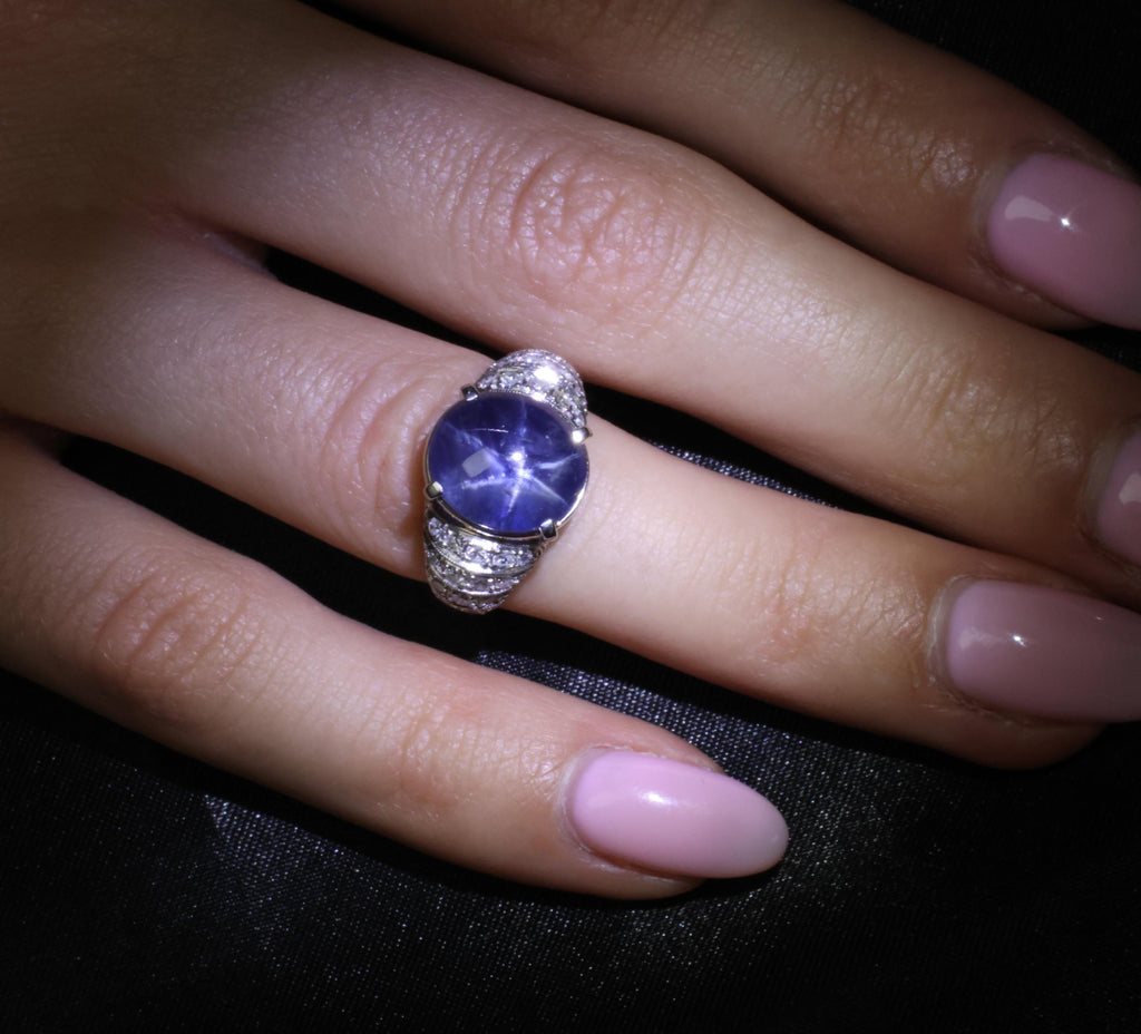 11.32ct Natural Untreated Star Sapphire & 0.56ct Diamond Platinum Ring, Size 5