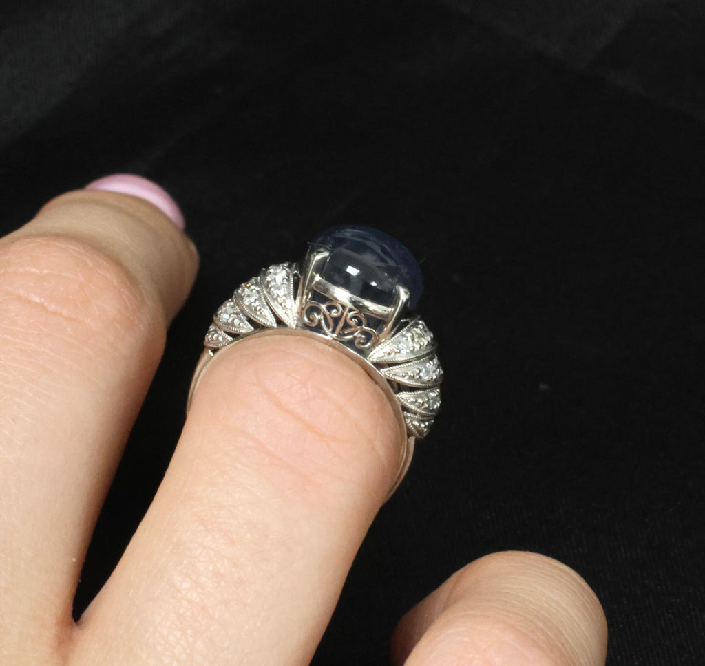 11.32ct Natural Untreated Star Sapphire & 0.56ct Diamond Platinum Ring, Size 5
