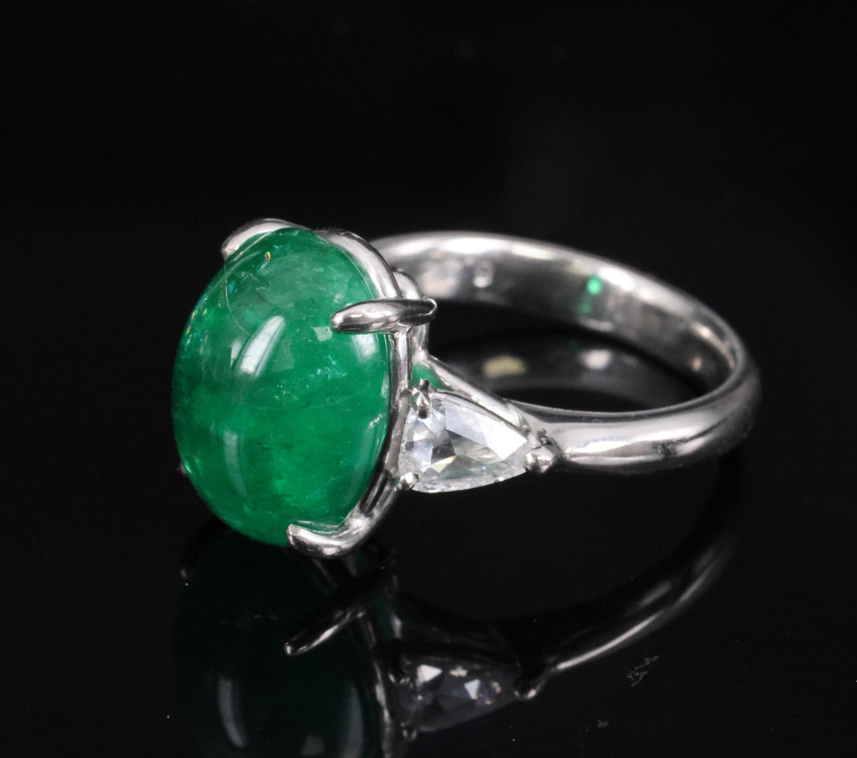 Fine 6.24ct Cabochon Cut Natural Emerald 0.46ct Diamond Platinum Ring Size 5.75