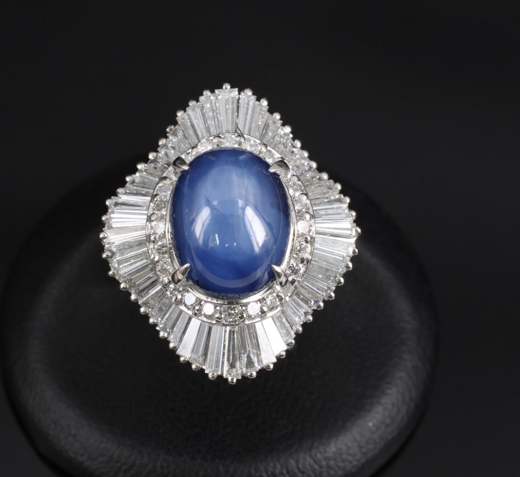 12.05ct Natural Blue Star Sapphire & 2.41ct Diamond Halo Platinum Ring, Size 5.5