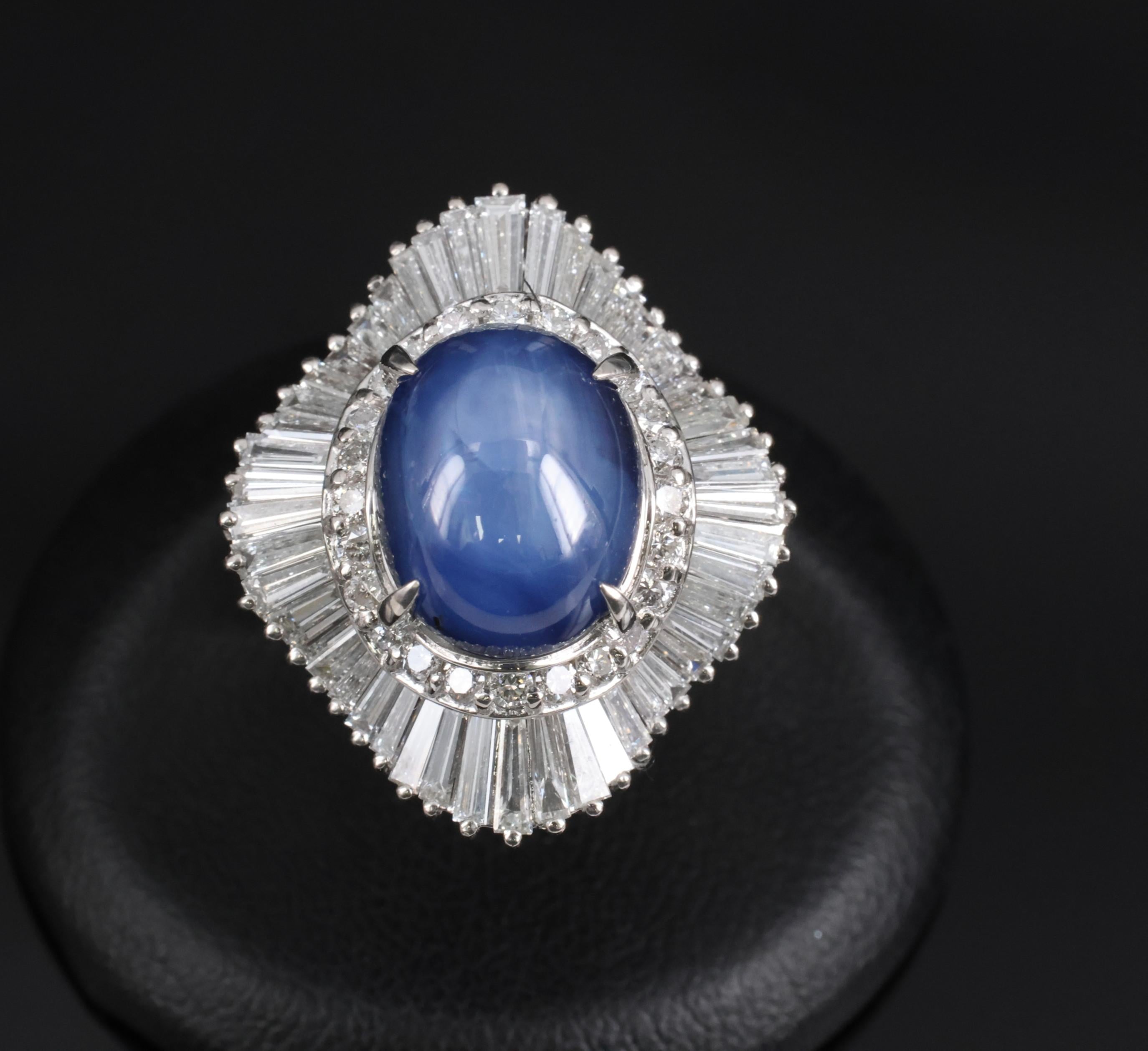 12.05ct Natural Blue Star Sapphire & 2.41ct Diamond Halo Platinum Ring, Size 5.5
