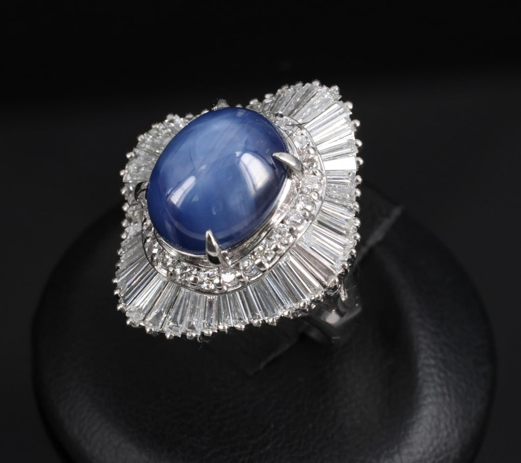 12.05ct Natural Blue Star Sapphire & 2.41ct Diamond Halo Platinum Ring, Size 5.5