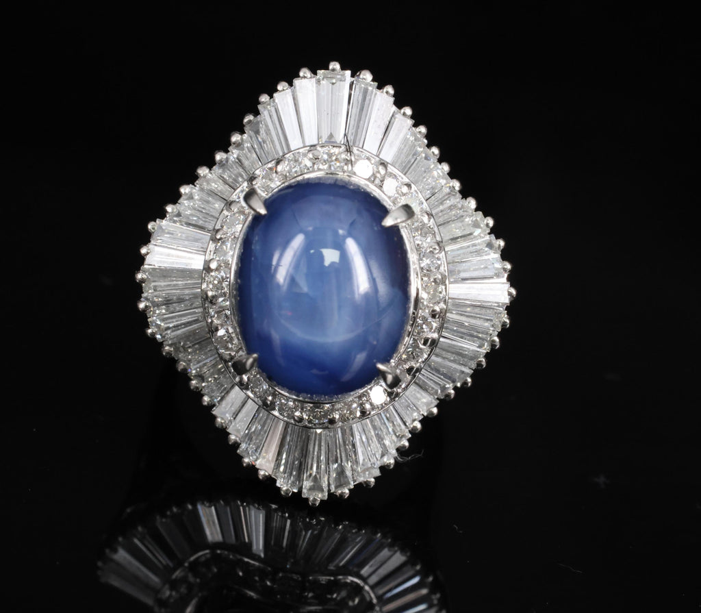 12.05ct Natural Blue Star Sapphire & 2.41ct Diamond Halo Platinum Ring, Size 5.5