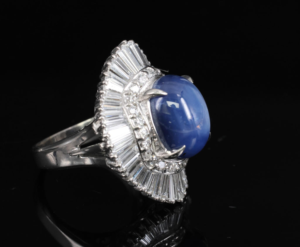 12.05ct Natural Blue Star Sapphire & 2.41ct Diamond Halo Platinum Ring, Size 5.5
