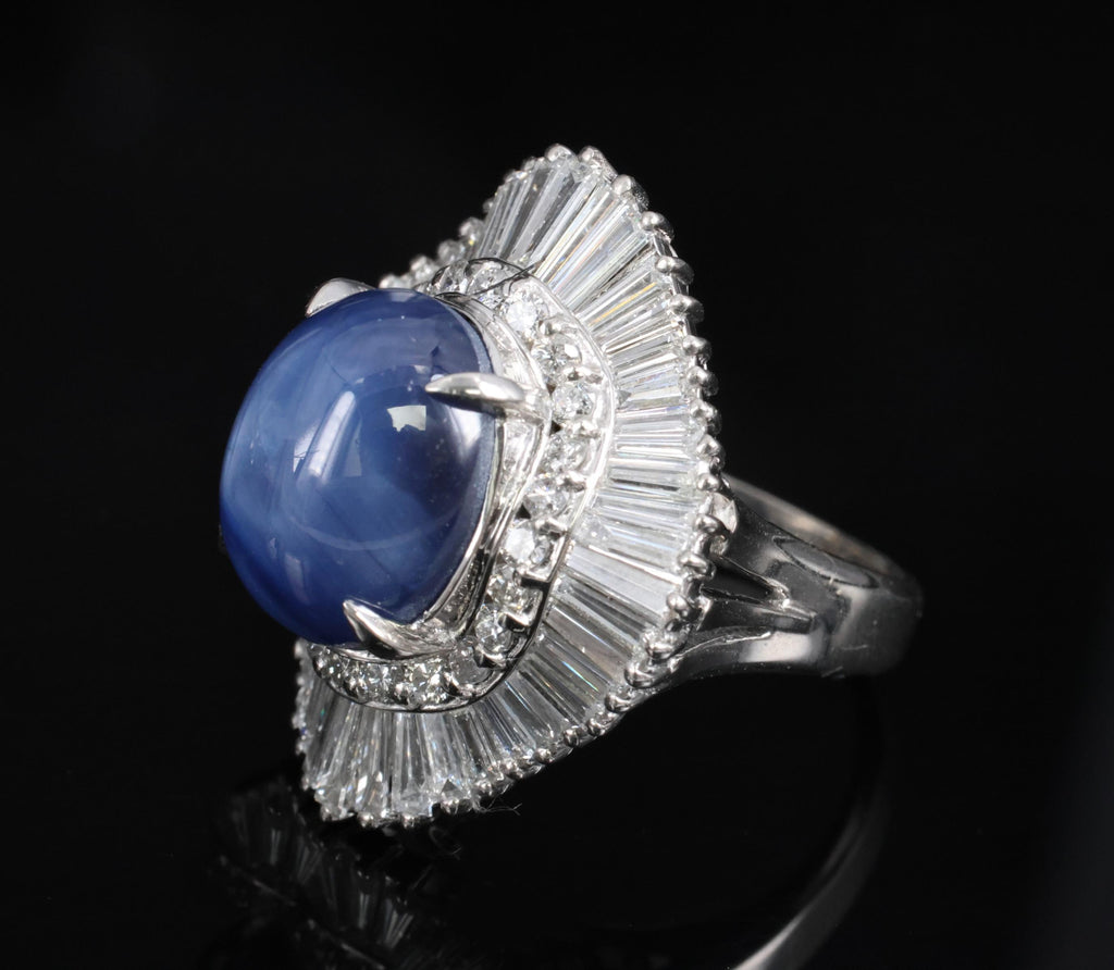 12.05ct Natural Blue Star Sapphire & 2.41ct Diamond Halo Platinum Ring, Size 5.5