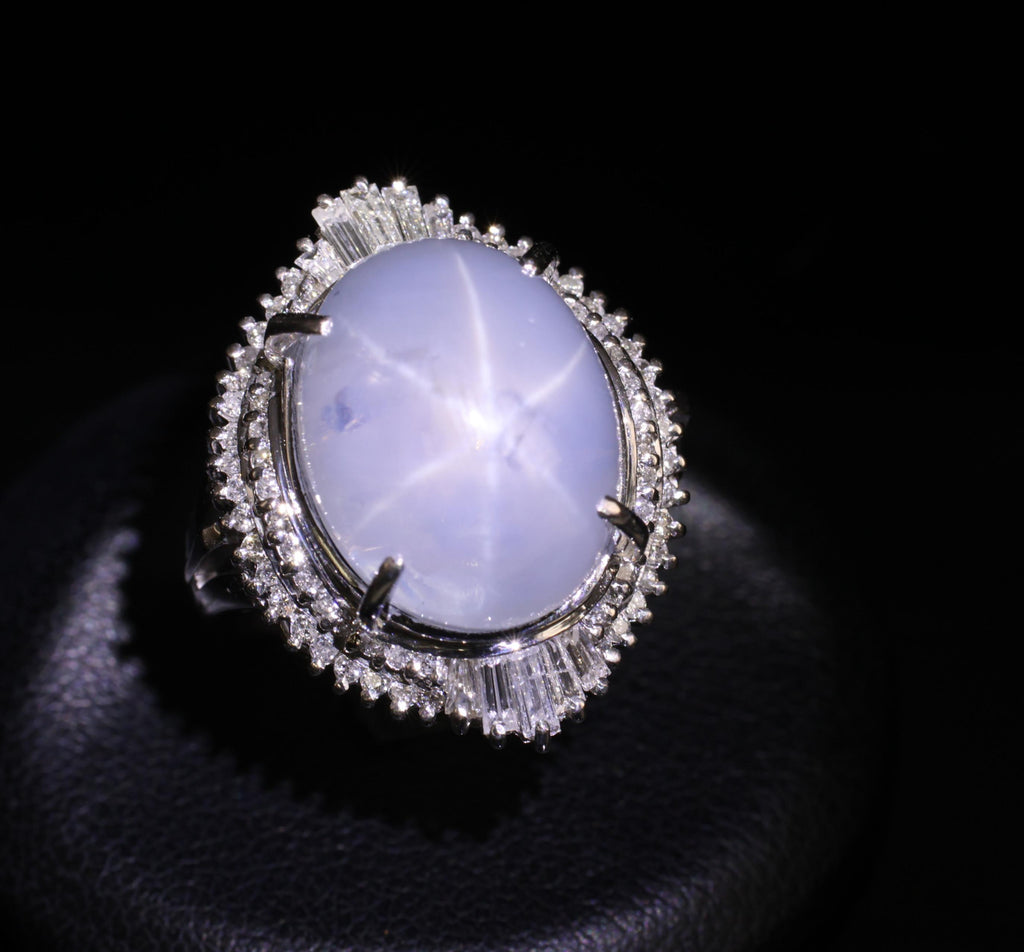 Rare 22.72ct Natural Blue Star Sapphire & 0.74ct Diamond Platinum Ring Size 6.25