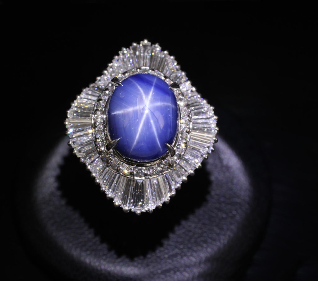 12.05ct Natural Blue Star Sapphire & 2.41ct Diamond Halo Platinum Ring, Size 5.5