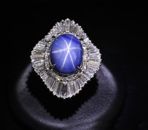12.05ct Natural Blue Star Sapphire & 2.41ct Diamond Halo Platinum Ring, Size 5.5