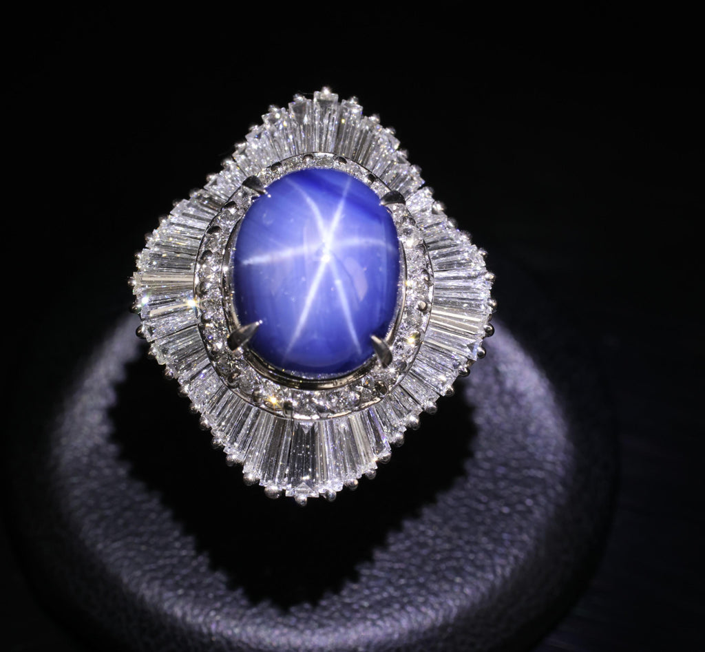 12.05ct Natural Blue Star Sapphire & 2.41ct Diamond Halo Platinum Ring, Size 5.5