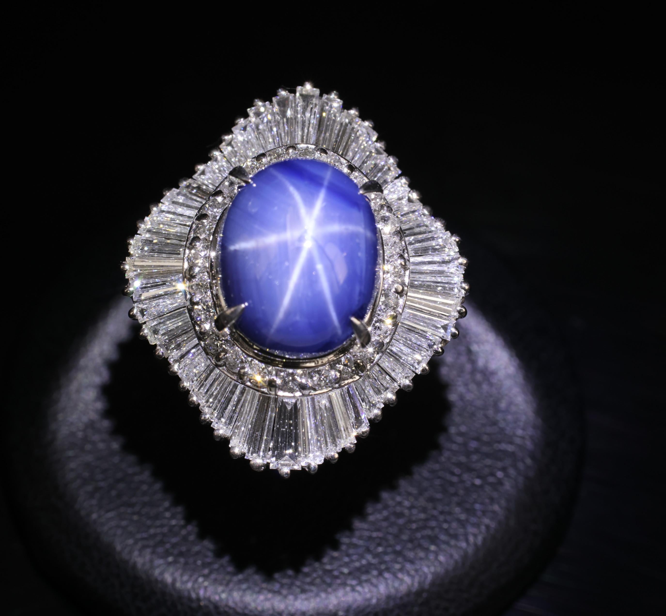 12.05ct Natural Blue Star Sapphire & 2.41ct Diamond Halo Platinum Ring, Size 5.5