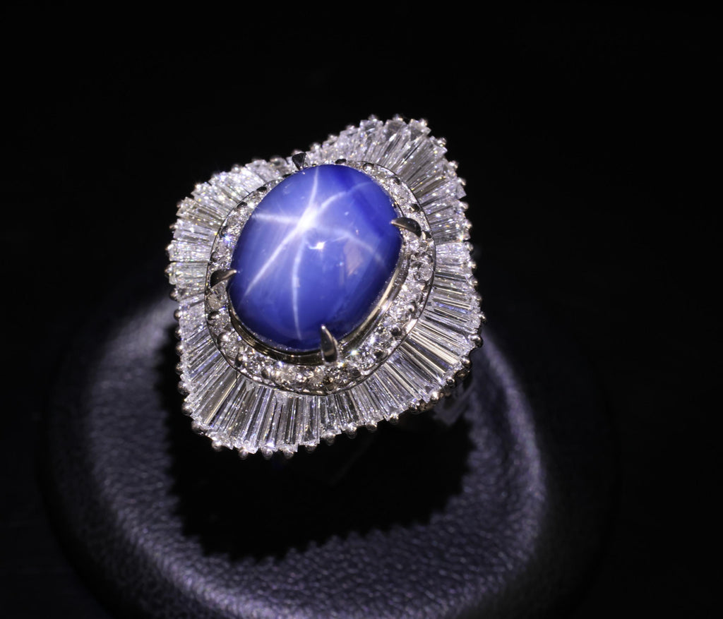 12.05ct Natural Blue Star Sapphire & 2.41ct Diamond Halo Platinum Ring, Size 5.5