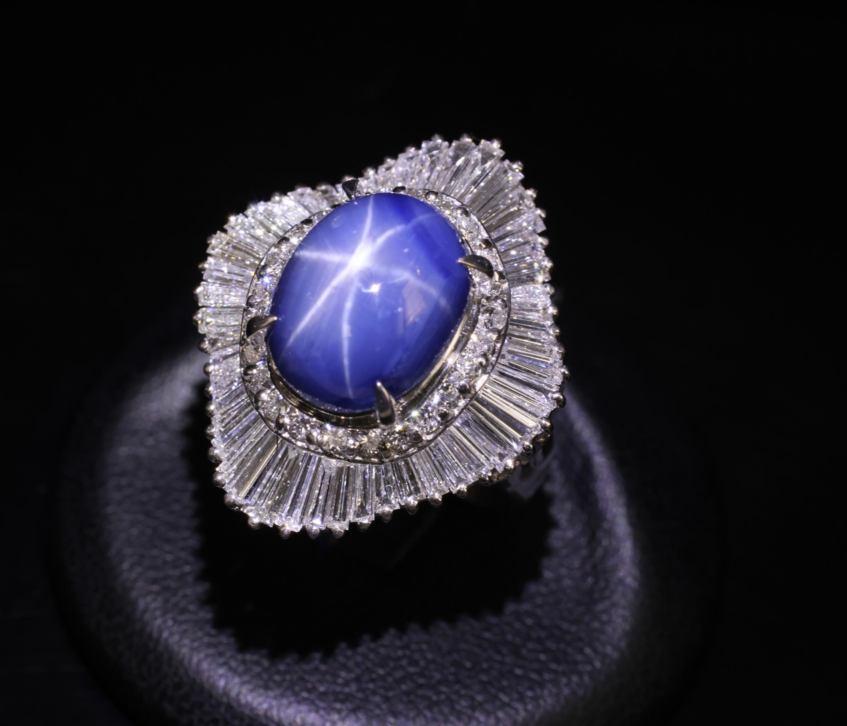 12.05ct Natural Blue Star Sapphire & 2.41ct Diamond Halo Platinum Ring, Size 5.5